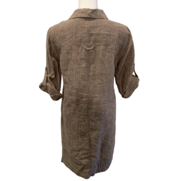 Tommy Bahama Brown Linen Dress w/ tie front, spread collar, roll sleeve size XXS - Picture 4 of 7